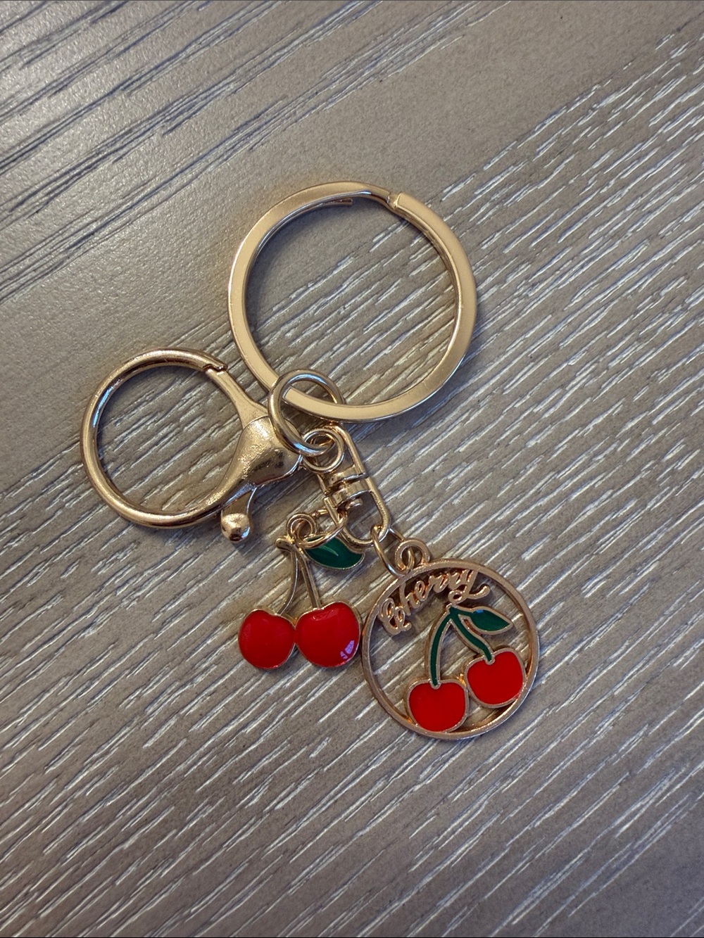 Gold Cherry Keychain with Red Enamel Charms